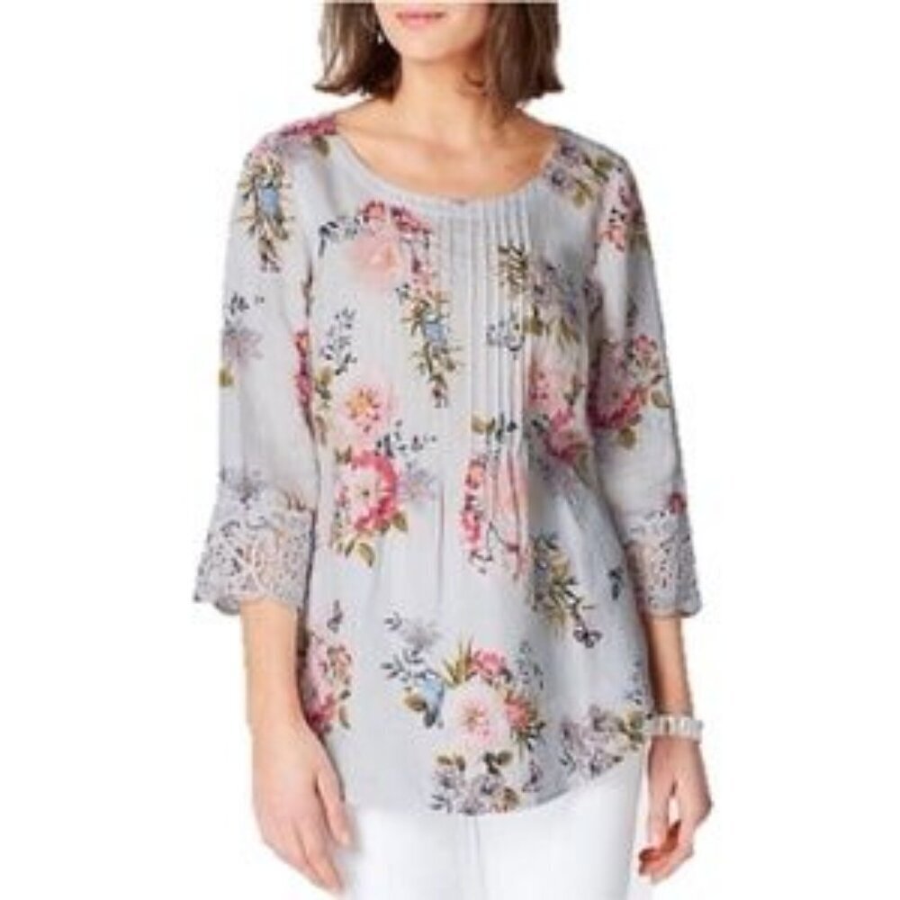 J Jill Love Linen Floral Bird Butterfly Crochet Pleated Tunic Top Size MP